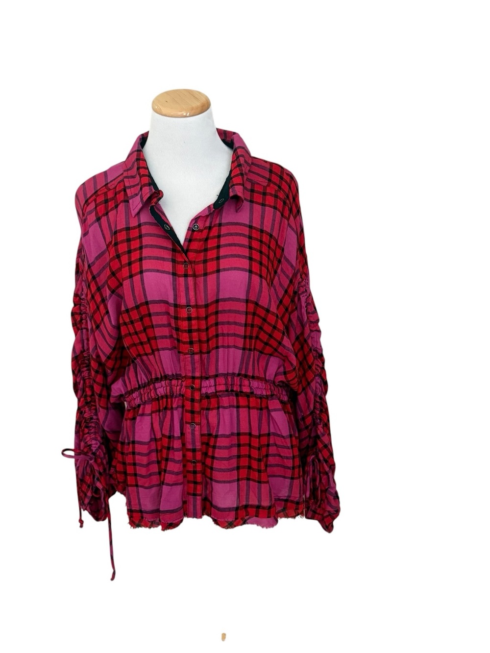 Free People Pacific Cinch Plaid Drawstring Waist Button-Up Top